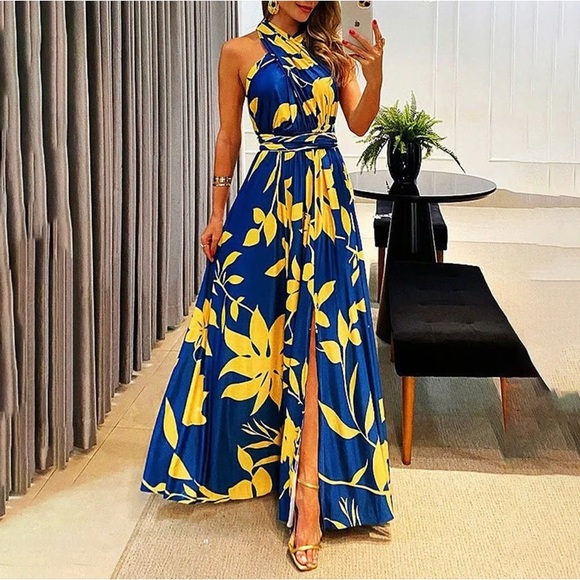 Dresses & Skirts - NWT Twisted Halter Sleeveless Front Slit Yellow Flower Blue Maxi Dress Size XL
